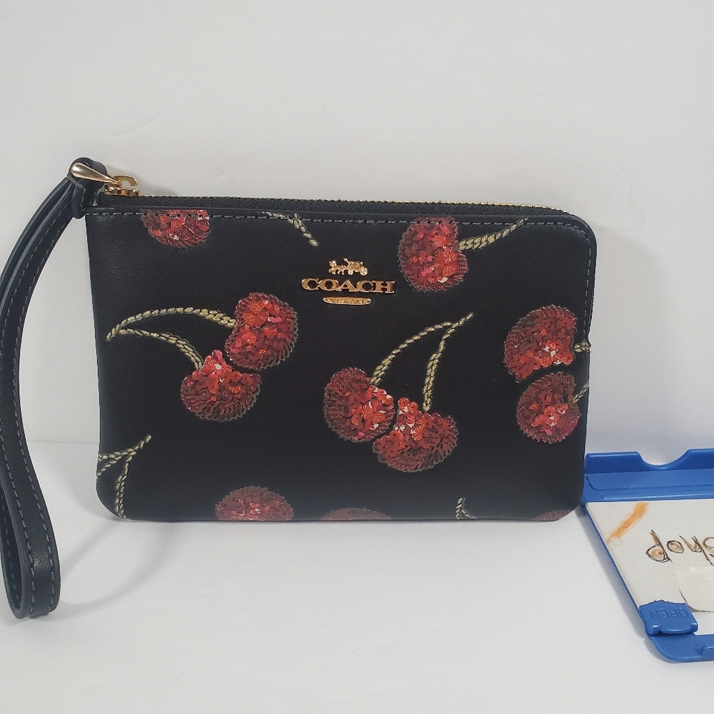 Coach Corner Zip Wristlet With Cherry Print NWT